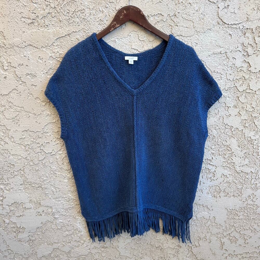 Pure Jill Fringe Knit Sweater Poncho Blue Size Medium